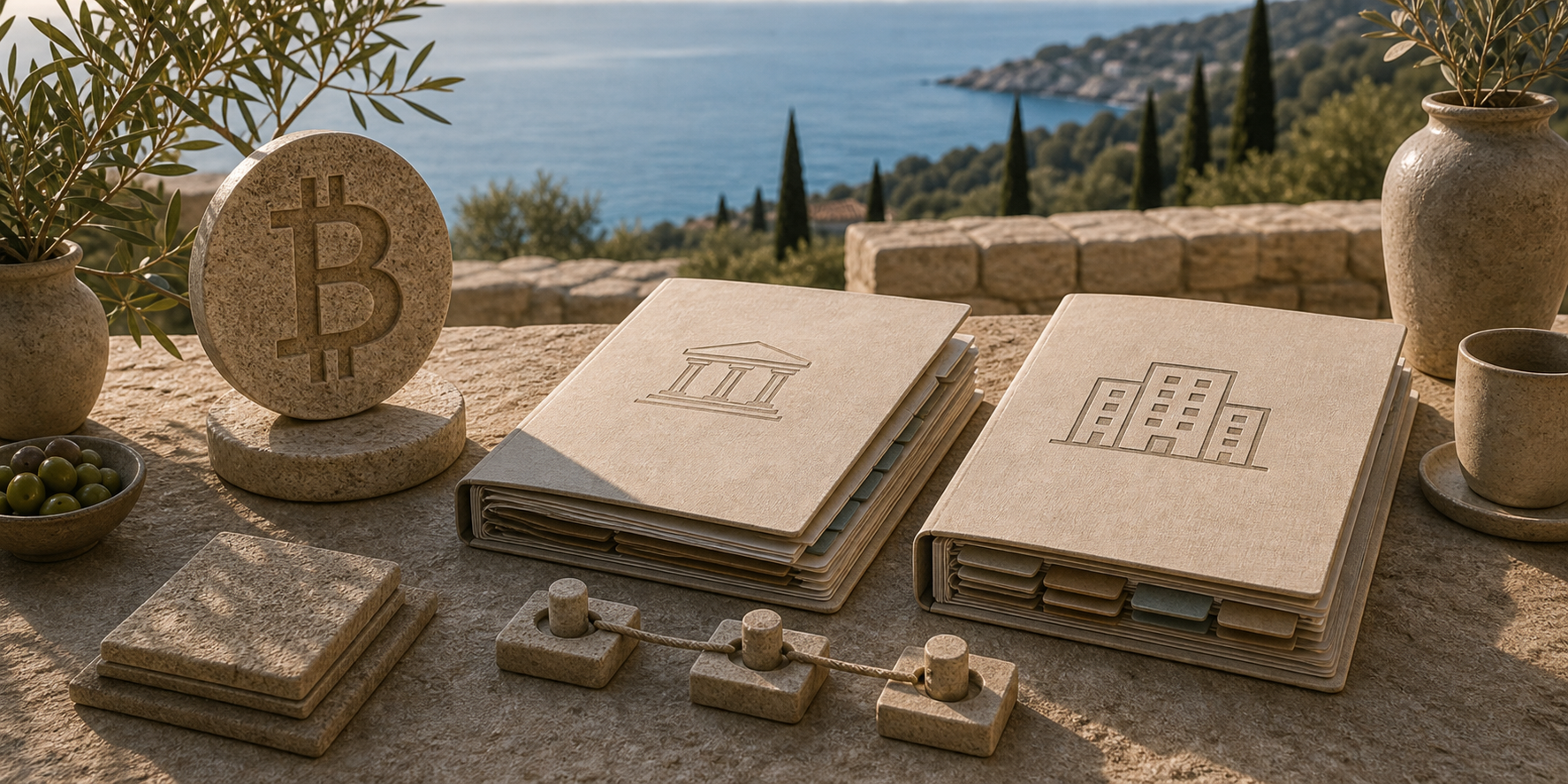 Mediteranska kamena scena s Bitcoinom, burzovnim fondom i rizničkom kompanijom za vodič o Bitcoin instrumentima