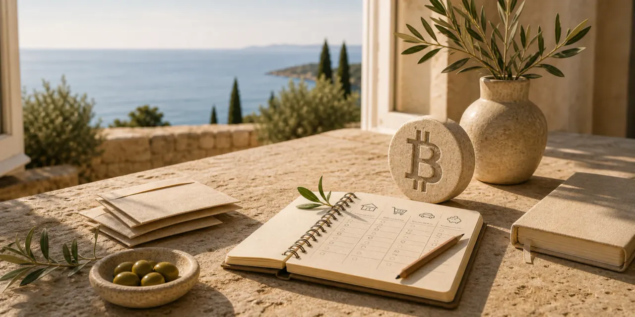 Mediteranska kamena scena s kućnim proračunom i kamenim Bitcoin simbolom kao novcem