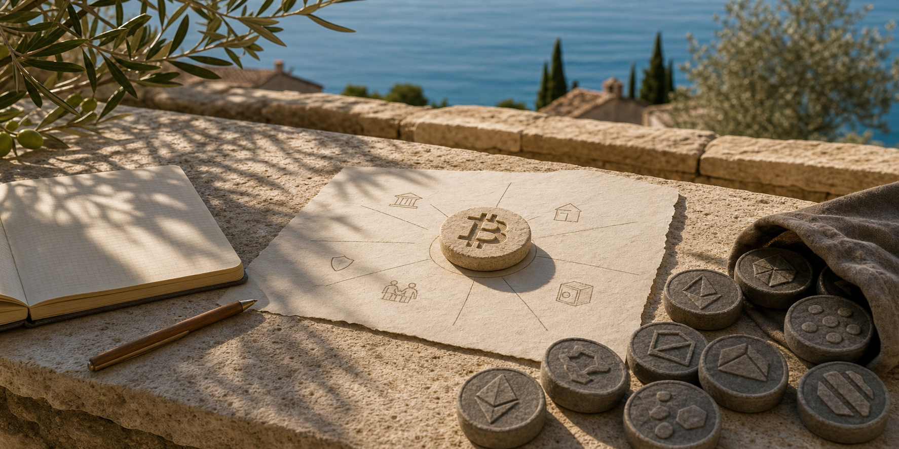 Mediteranska kamena scena s Bitcoin simbolom odvojenim od spekulativnih tokena