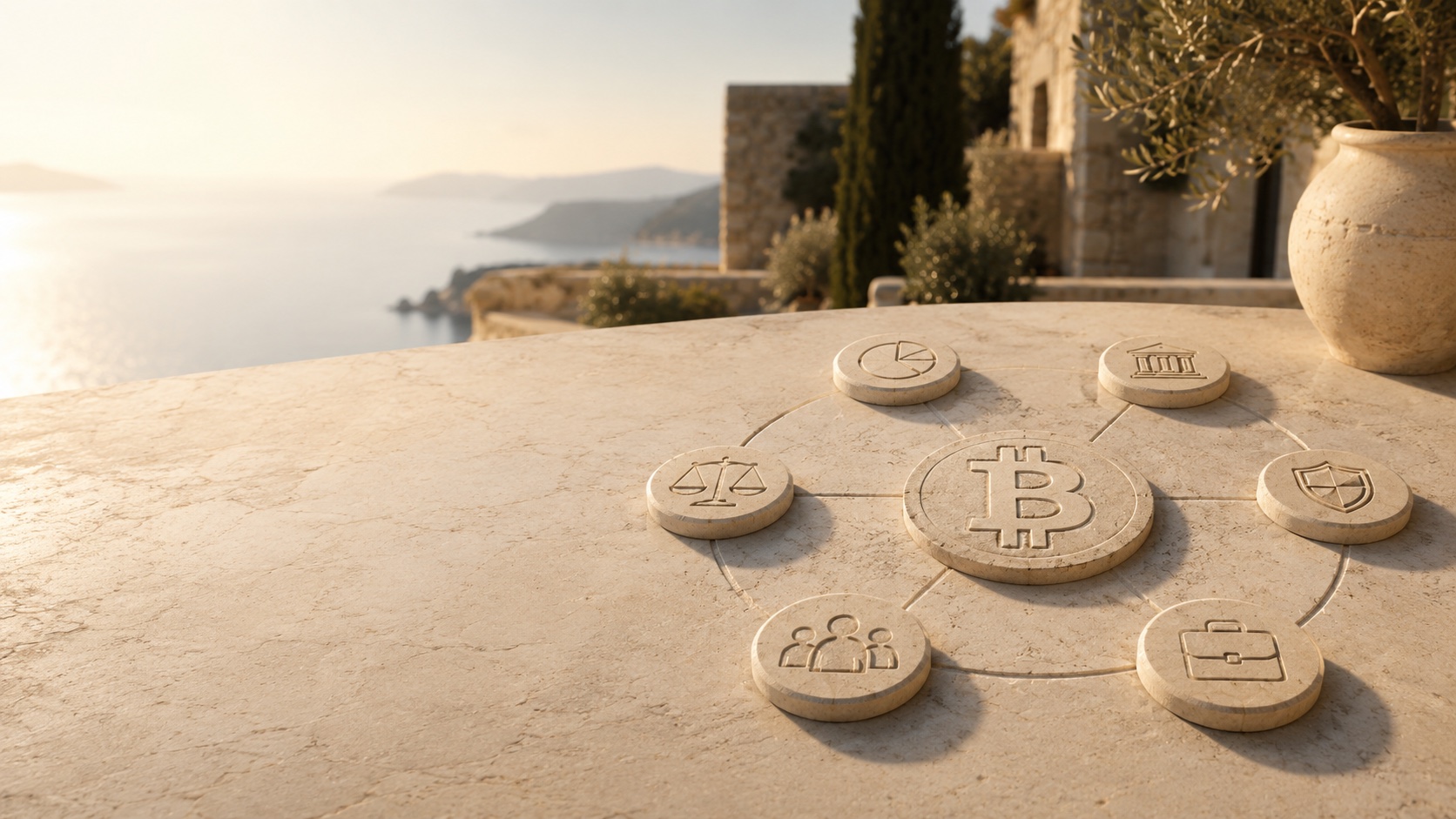 Mediteranska scena s Bitcoin simbolom i oznakama za proračun, neto imovinu, obitelj, posao i sigurnost.
