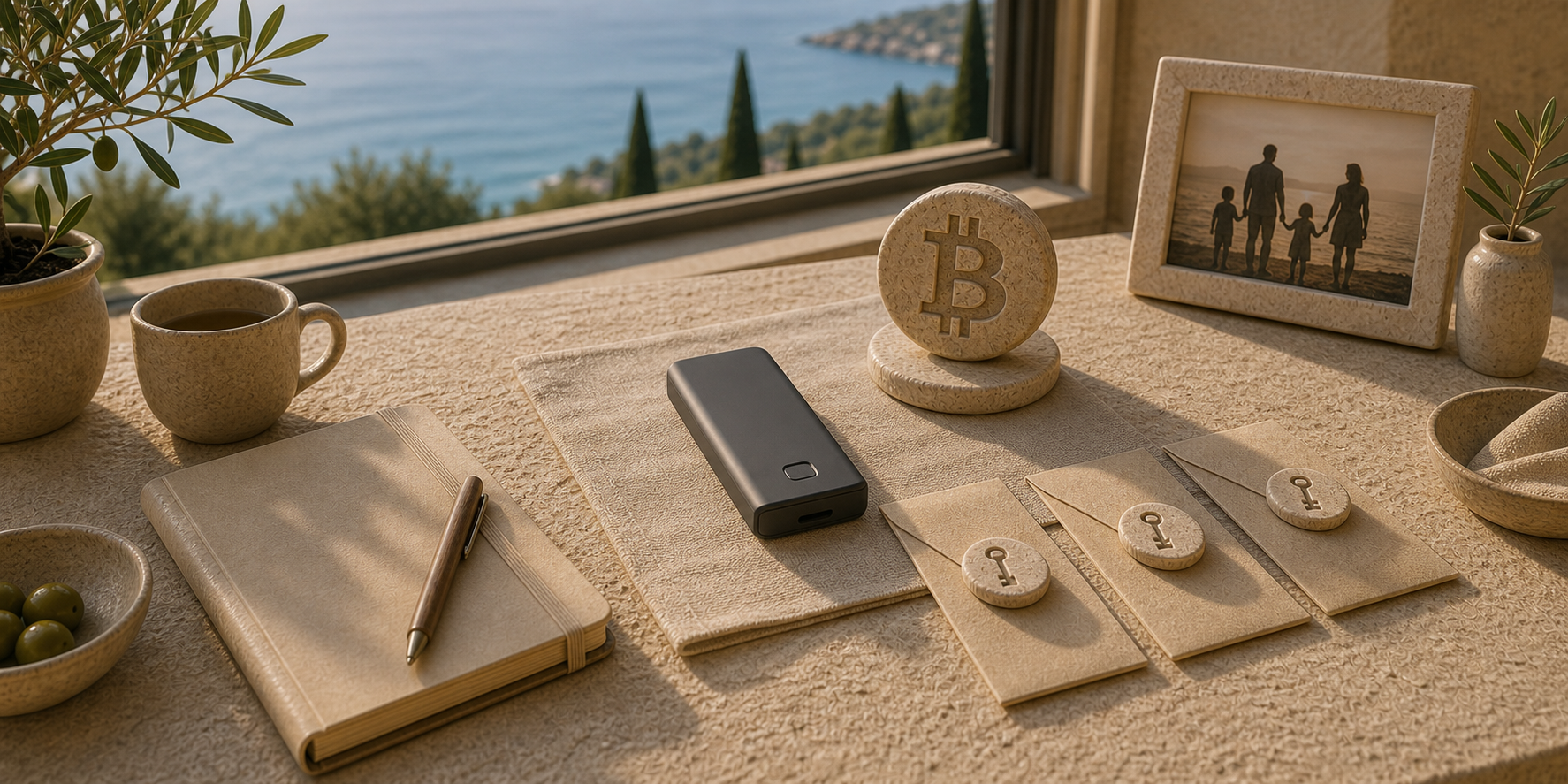 Mediteranska kućna scena s jednostavnim sigurnosnim uređajem, tri ključa i Bitcoin simbolom