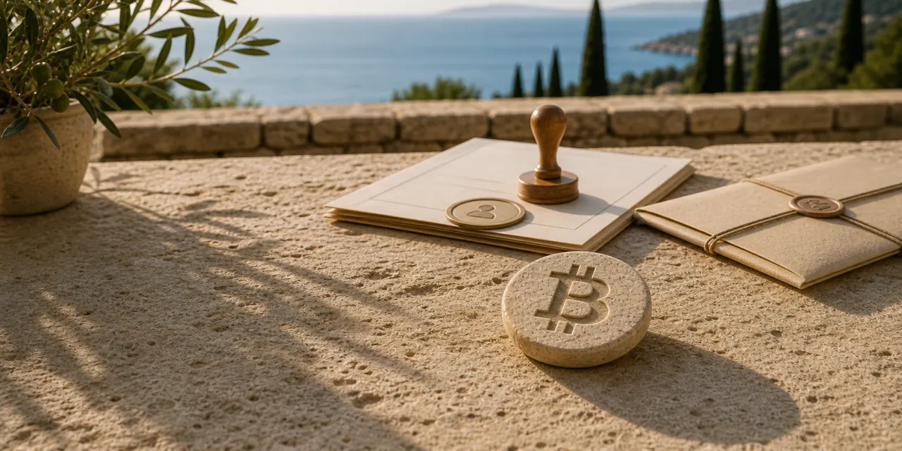 Mediteranska kamena scena s Bitcoin simbolom odvojenim od ugovora i posredničkog papira