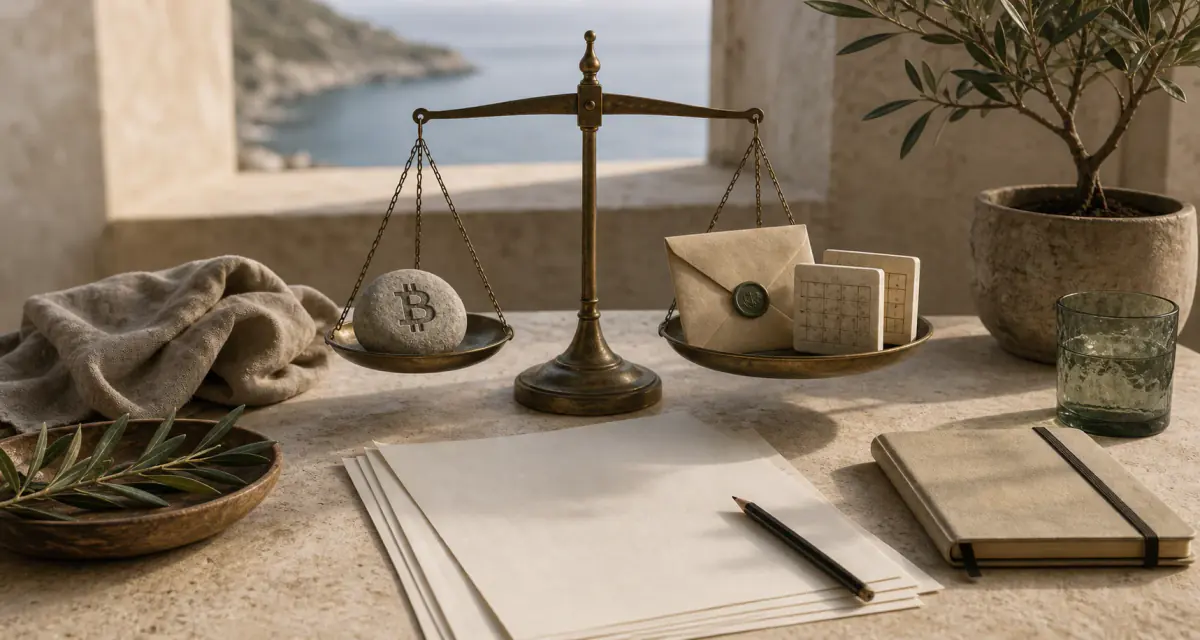 Mediteranska scena s vagom, Bitcoin kamenom, kuvertom pričuve i praznim bilančnim papirima