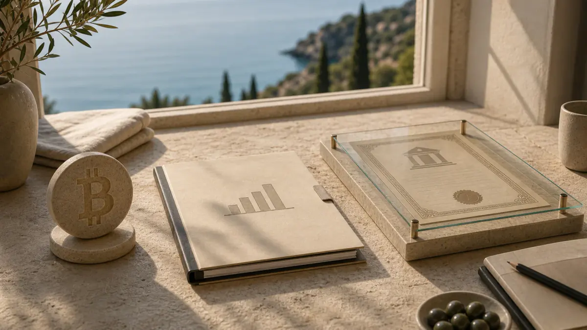 Mediteranska radna scena s odvojenim kamenim Bitcoin simbolom, investicijskom mapom i certifikatom iza stakla