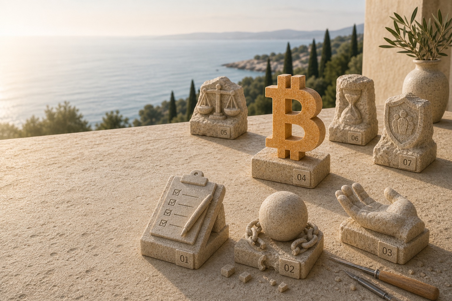 Mediteranska radna scena sa sedam kamenih skulptura osobnog Bitcoin standarda
