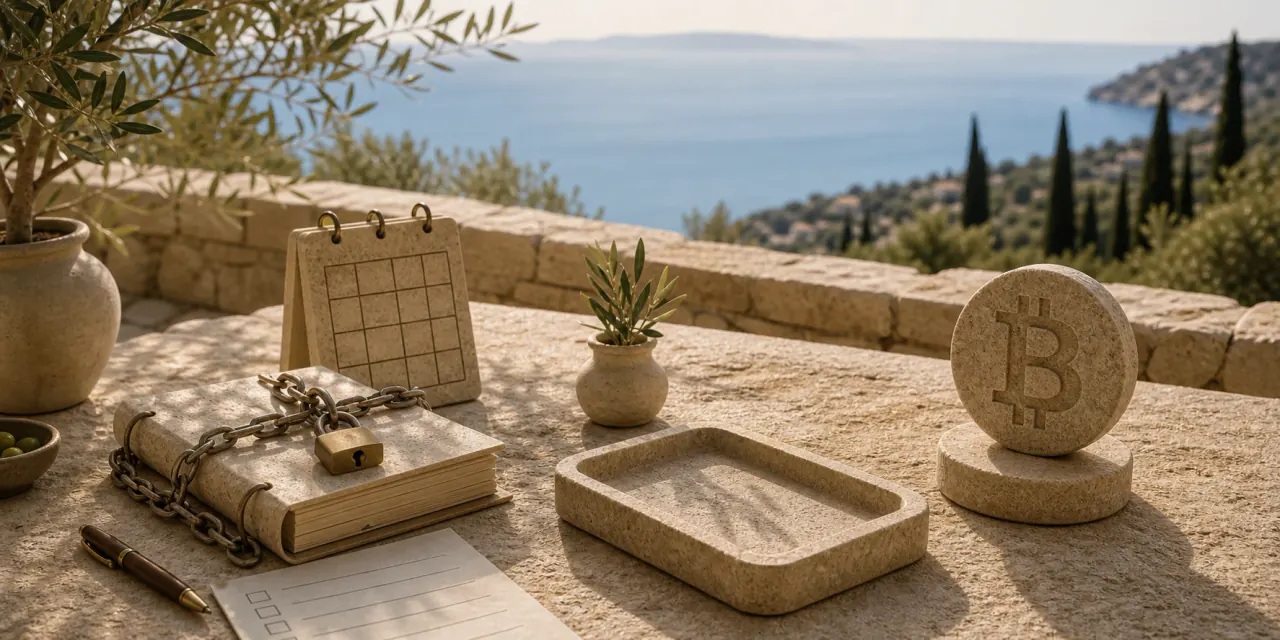 Mediteranska kamena scena s lancem, budućim novcem i Bitcoin simbolom za vodič Ne zadužujte se za Bitcoin