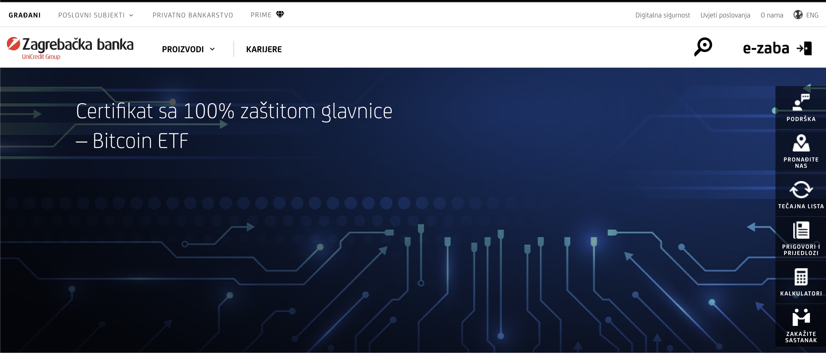 Screenshot službene stranice Zagrebačke banke s naslovom Certifikat sa 100% zaštitom glavnice – Bitcoin ETF